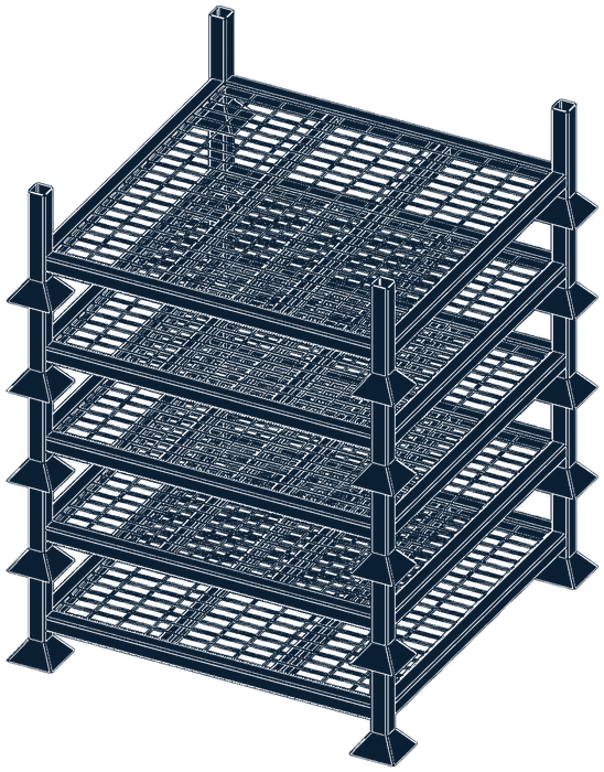 Empty stack racks nested compactly for off-season storage